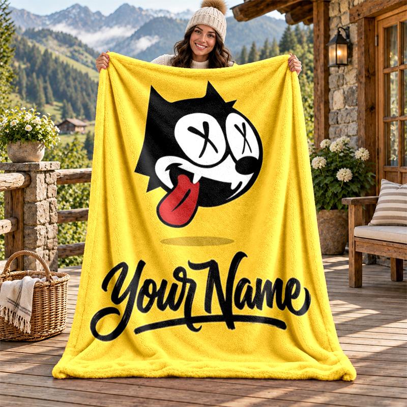 Felix the Cat Custom Name Flannel Blanket Personalized Soft Warm Plush Throw Blanket Customized Gift for Family Friends