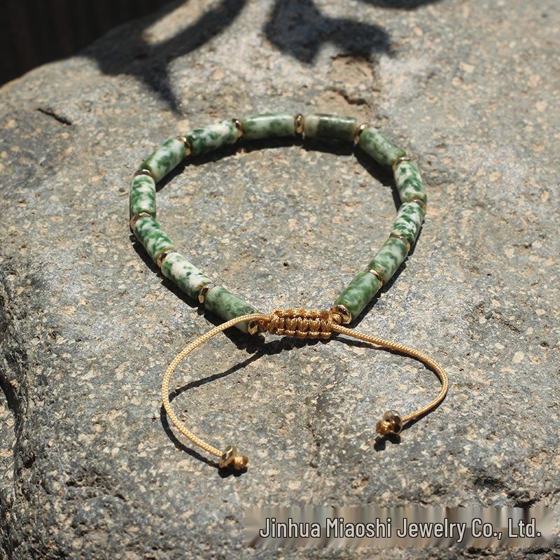 Bohemian Retro Green Agate Bamboo Bracelet - Adjustable and Woven Design