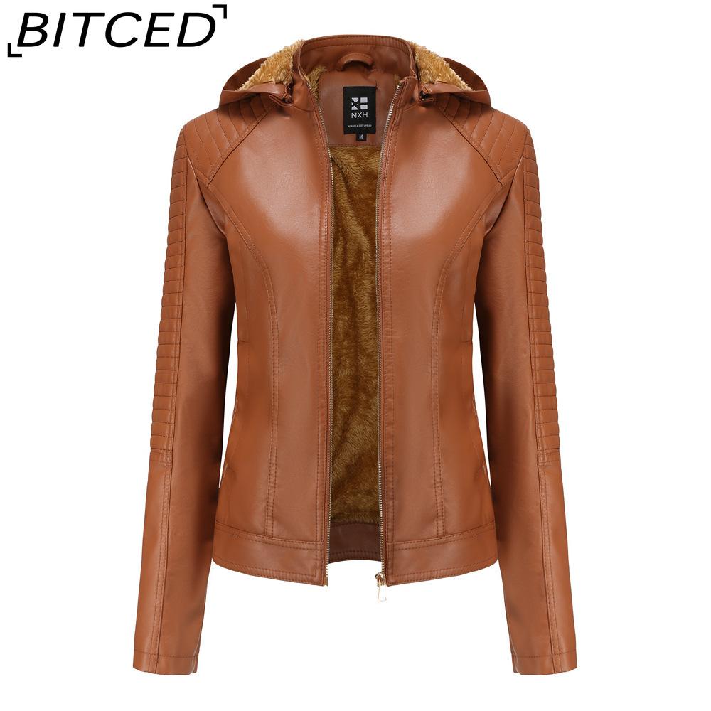 BITCED Plus Size Fleece-Lined Women's Leather Jacket with Hood Autumn/Winter Short Coat Warm Casual Jacket
