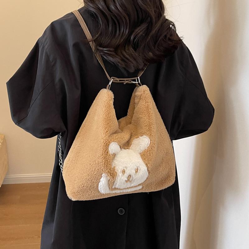 Plush Tote Cute Bag For Women Trendy Large Capacity Bag With Cartoon Patterns Ideal For Daily Use Available In Black Khaki Cream