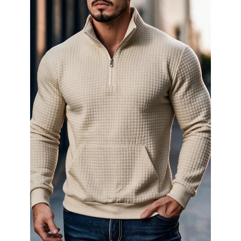 Casual Solid Waffle Half Zip Pocket Long Sleeve Stand Collar Sweatshirt