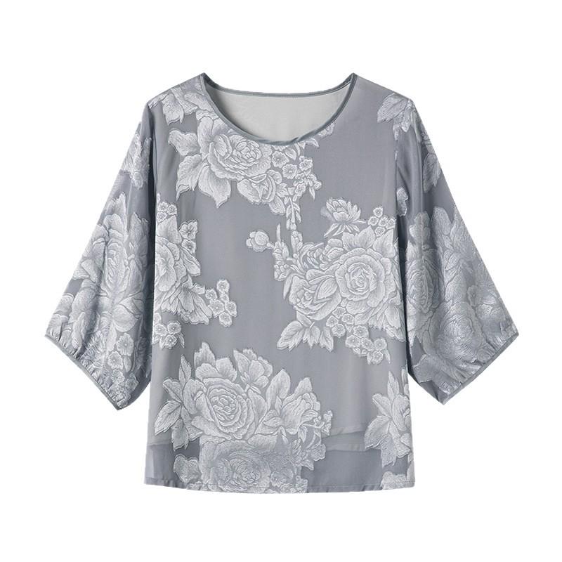Stylish Round Neck Chiffon Pullover for Moms - Breathable Seven-Sleeve Summer Top for Middle-Aged & Elderly Women