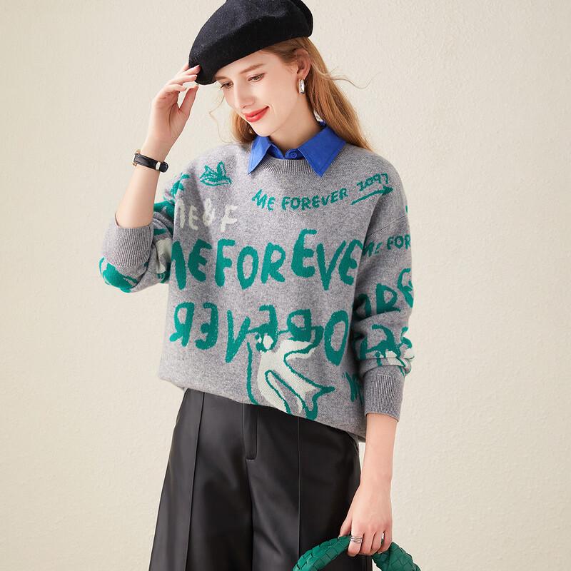 TUHUANG Women's Thickened Pure Wool Letter Jacquard Round Neck Sweater