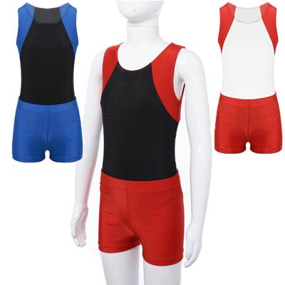 Kids Boys Round Neck Sleeveless Leotard Bodysuit Jumpsuit with Shorts Set for Gymnastic Yoga Workout Competition