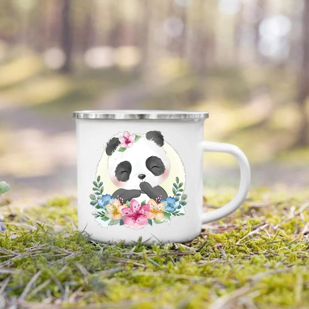 Flower Panda Printed Creative Enamel Water Cup Drink Dessert Breakfast Milk Cups Kid Mugs Handle Mug Birthday Gifts for Childen