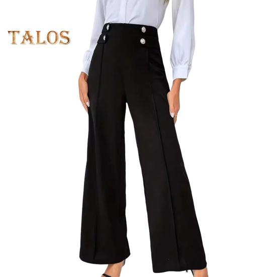 

Женские брюки с высокой талией, широкие прямые брюки, повседневные брюки на весну и осень с пуговицами для повседневной носки на работе S чёрный
