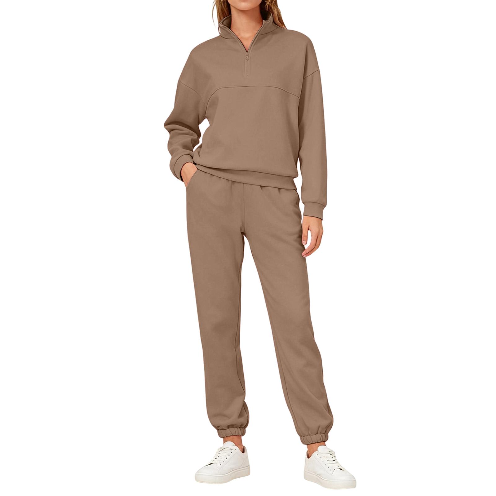 

Fashion Women s Zipper Lapel Solid Color Casual Two-piece Set XL