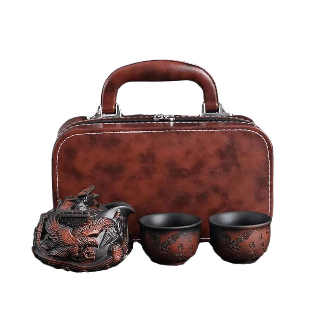 Yunnan handmade purple pottery full of industrial carving travel tea set, one pot and two cups, portable hand-held teapot, outdoor travel tea