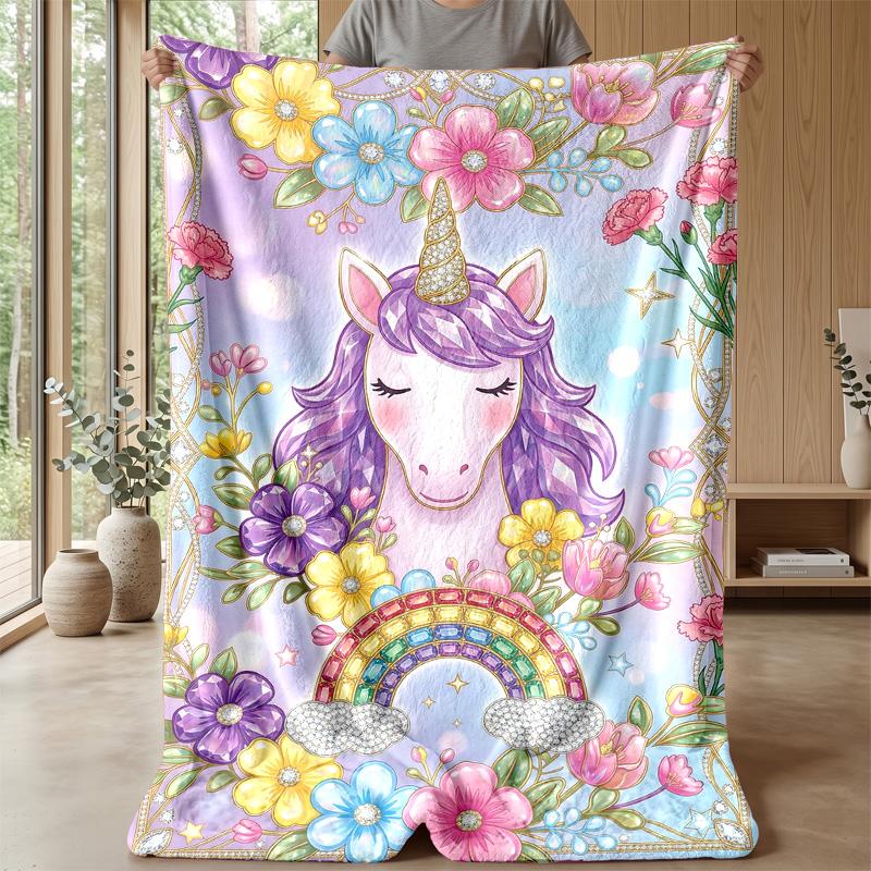 Cute Unicorn with Rainbow Blanket Personalized Name Flannel Blanket Soft Cozy Plush Throw for Sofa Bed Lightweight Home Decor