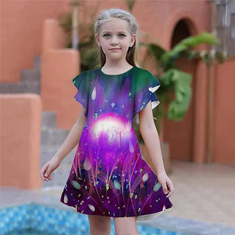 Girls Blue Lily Print Dresses Kids Girl Party Dress Loose Fitting Loose Fitting Short Sleeved Skirt For Girls Over Four Years Old