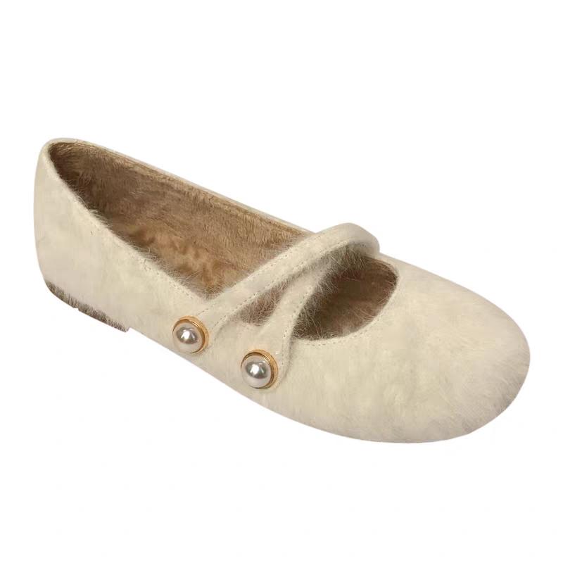 Scarpe pelose autunno e inverno nuove punta rotonda scollo basso perla cinturino unico suola morbida antiscivolo scarpe Mary Jane