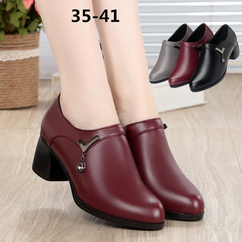 Genuine Leather Block Heel Deep Mouth Pumps Women Shoes Spring Autumn Female High Heels Shoes Ladies Office Party Shoes
