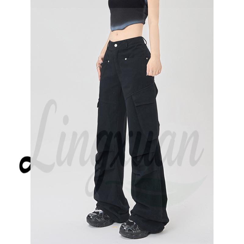 Women's Retro Multi-pocket Cargo Flare Pants - Cool, Loose Streetwear Pleated Style