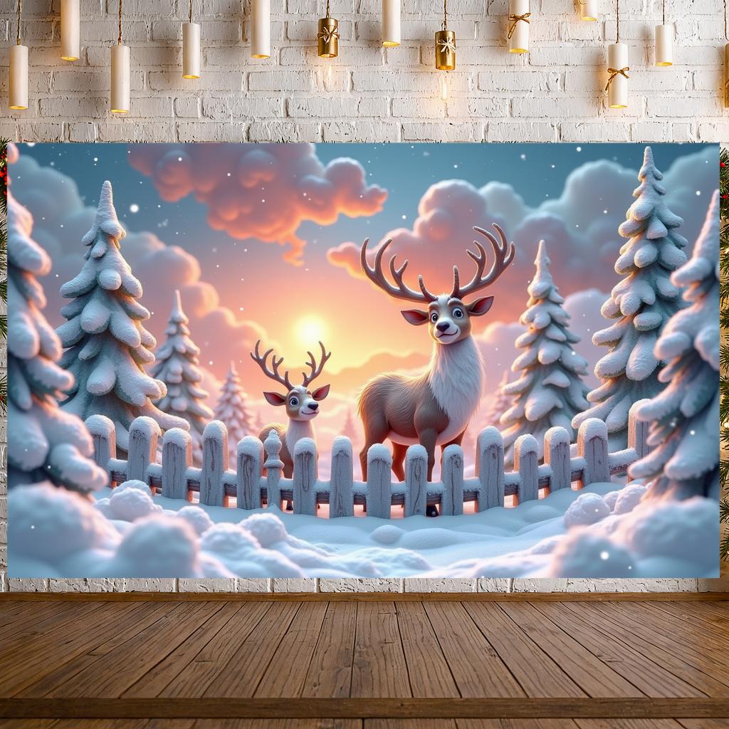 Christmas Backdrop Snow-Covered Winter Reindeer Banner Holiday Background Wildlife Design Winter Wildlife Banner For Winter