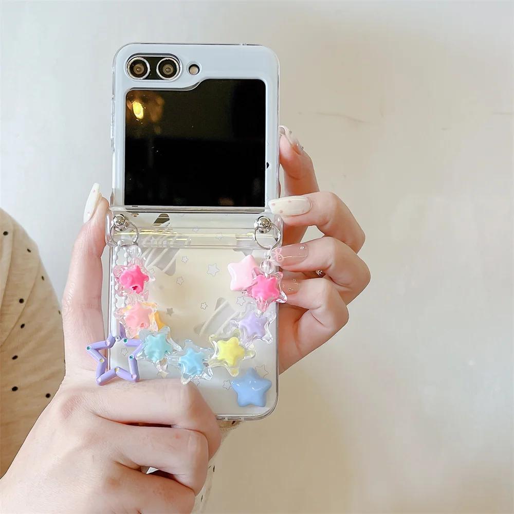 

Милый чехол для телефона с изображением звезд и сердец из мультфильма с ремешком на запястье для Samsung Galaxy Z Flip 6 5 4 3 5G, защита шарнира, прозрачный жесткий чехол For Samsung Galaxy Z Flip4