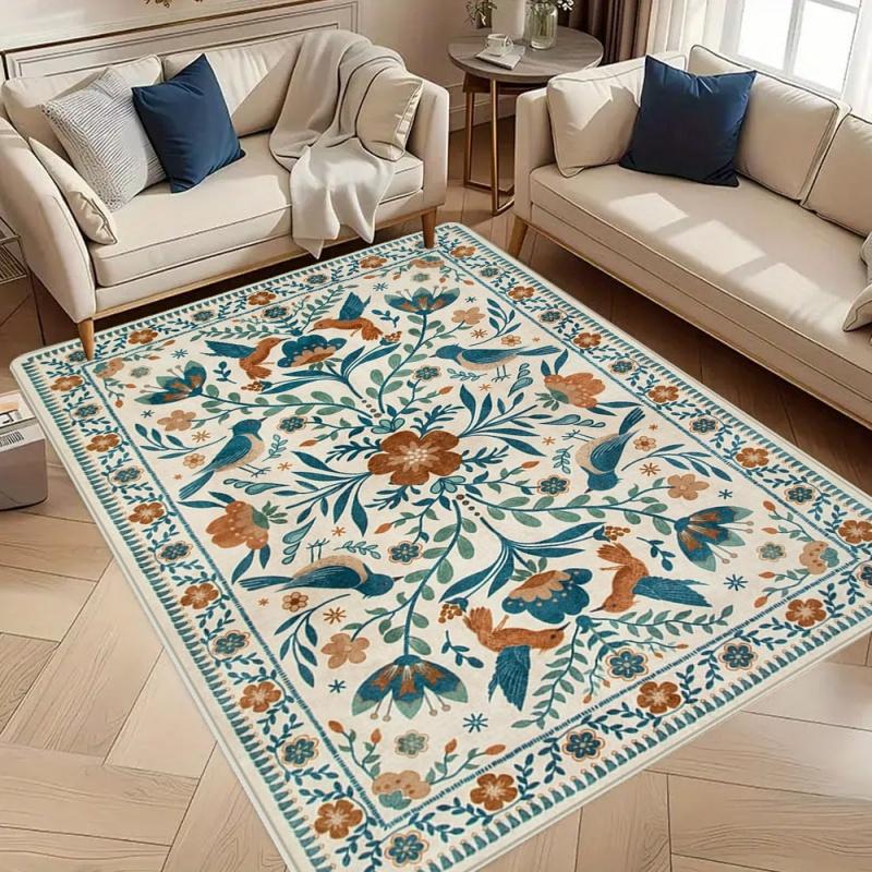 Bohemian Botanical Floral Bird Area Rug Non-Slip Floor Mat for Living Room Bedroom Green Cottagecore Home Decor