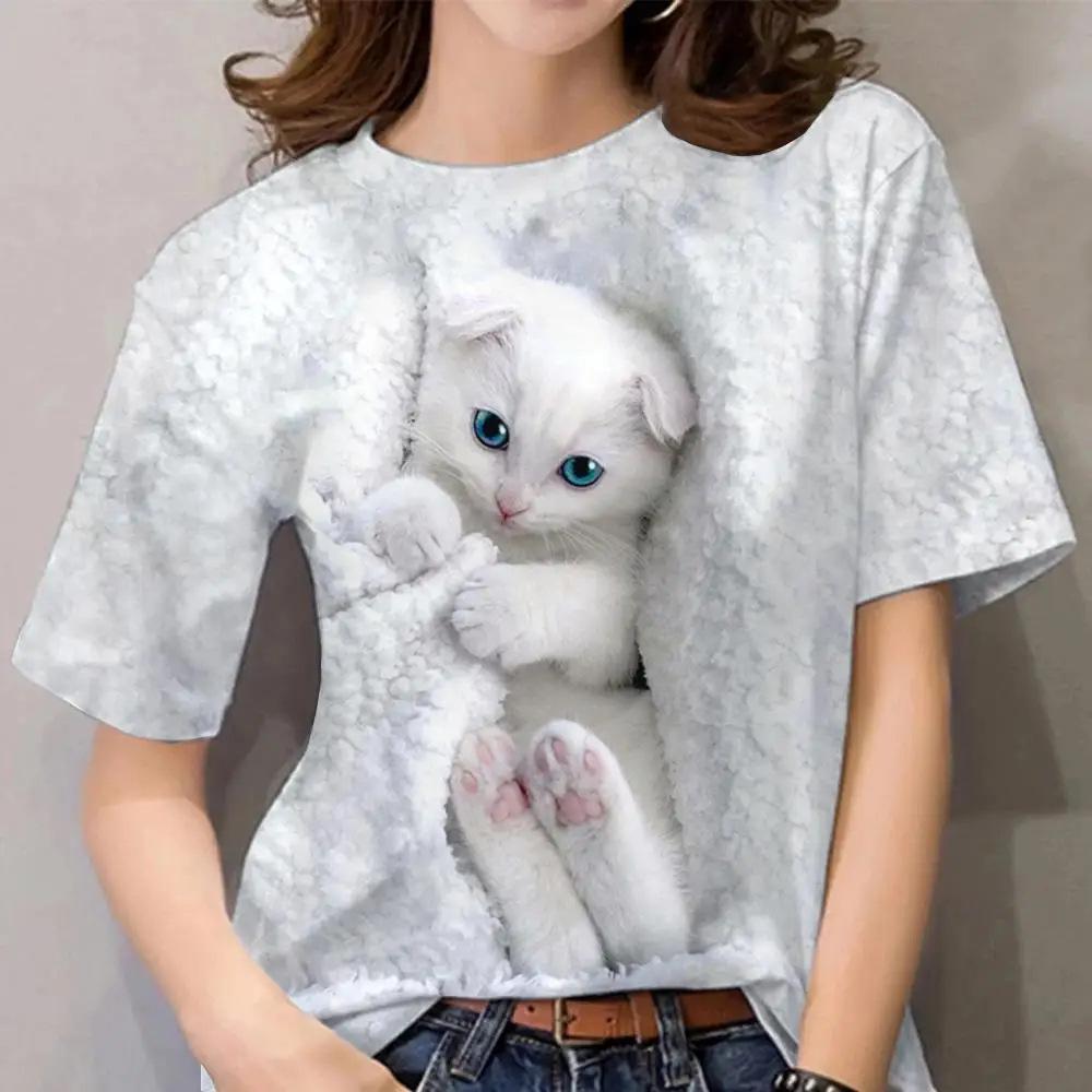 Women's Cat Print T-Shirt, Cute Short-Sleeve Summer Top, Breathable Casual