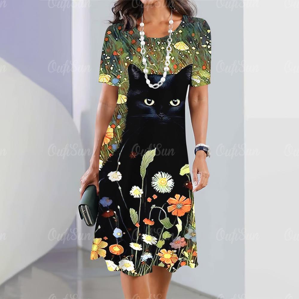 

Нові жіночі сукні з мультяшним принтом кота, літні, елегантні, з коротким рукавом, модний одяг великого розміру M