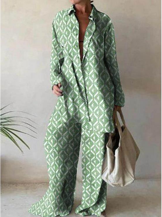 European & American Print Set: Loose Long Sleeve V-Neck Top with Straight Leg Pants - Casual Travel Vacation Jumpsuit