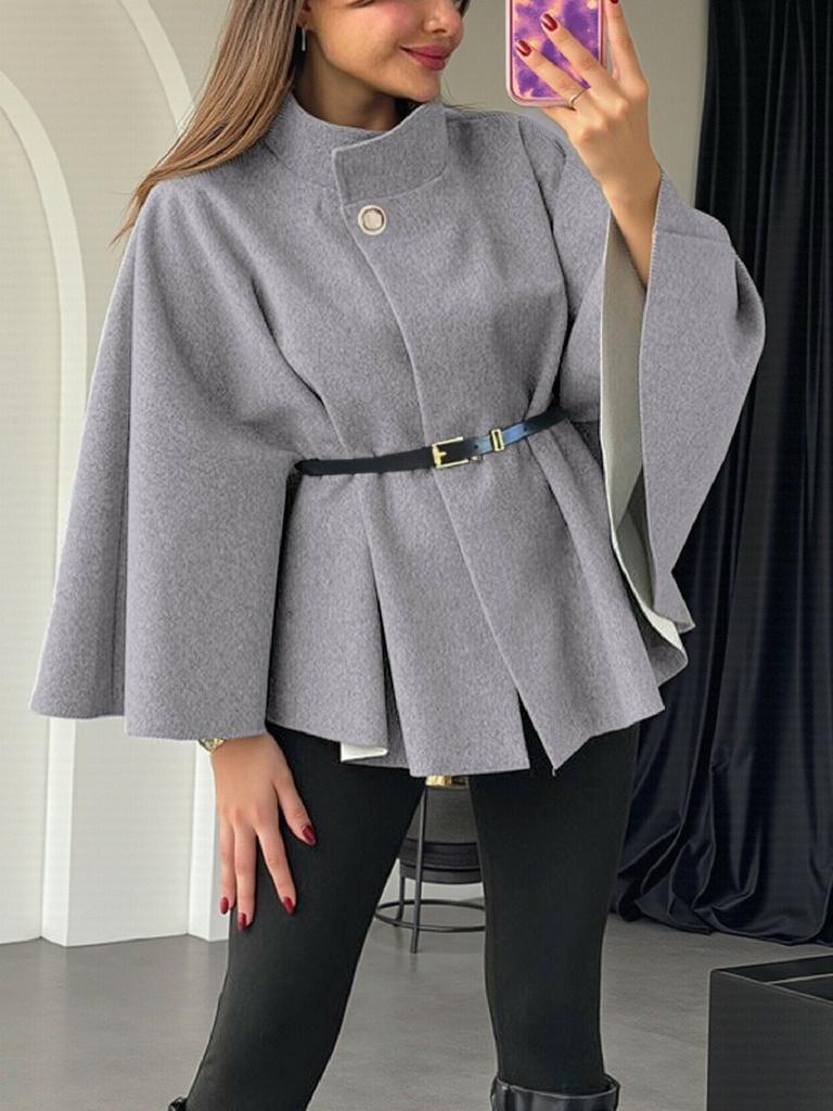 Moda Invernale Donna Stile Elegante Colore Puro Cintura con Cintura Cappotto Mantella in Lana