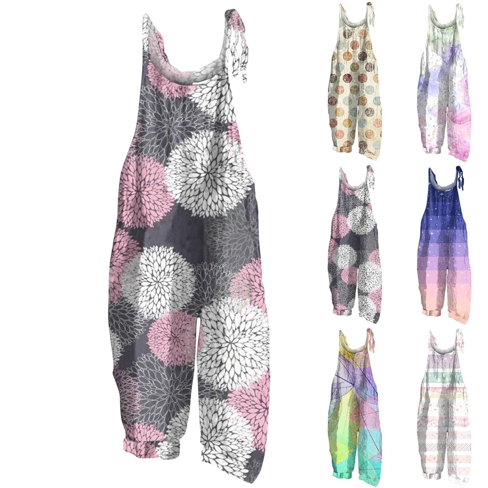 

Женский комбинезон с принтом, повседневные свободные ретро-бретельки из хлопка и льна