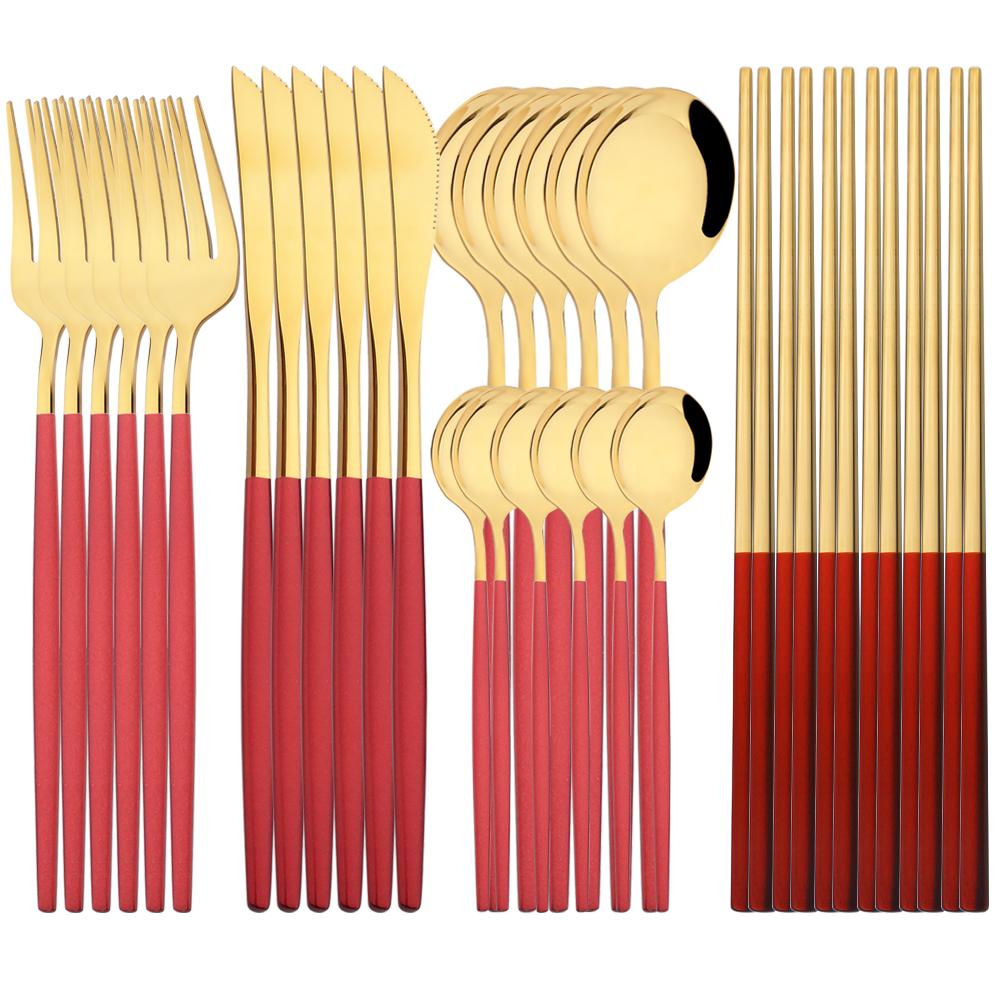 Jankng Western 30Pcs Dinnerware Knife Fork Spoons Chopsticks Cutlery Set High Quality Stainless Steel Set Kitchen Tableware Set