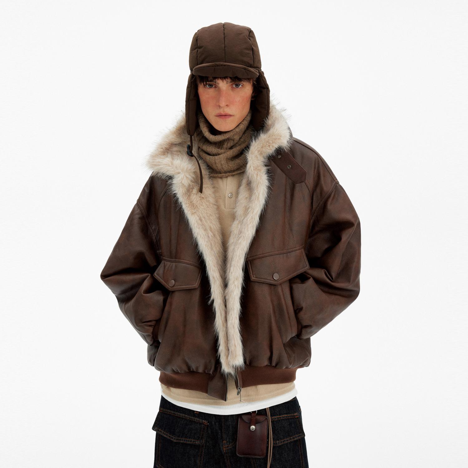 

Unisex Retro PU Leather Jacket with Fur Collar - Warm Winter Patchwork Coat, Black/Brown. XL коричневий