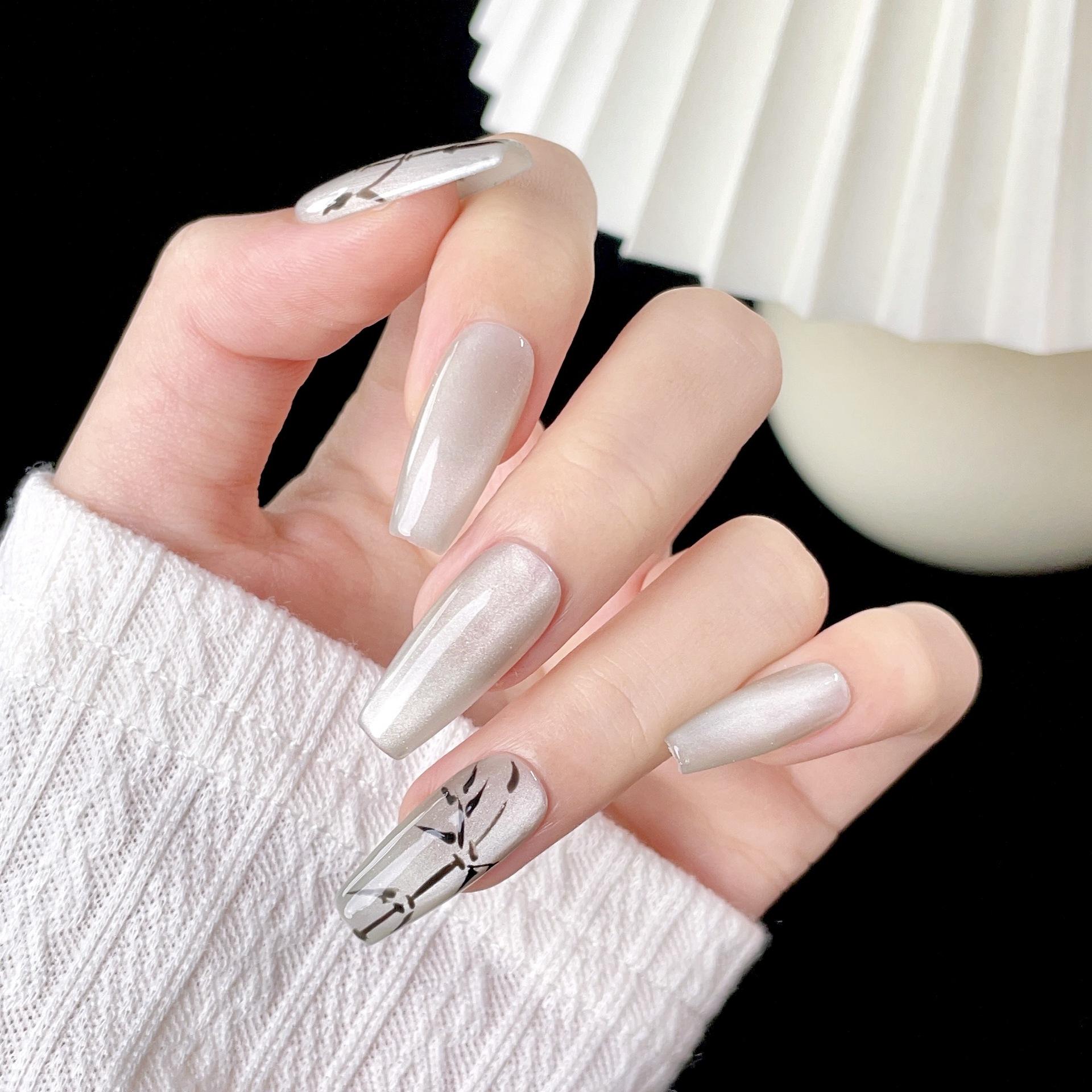 

10 шт./набор, носимые ногти, ручной работы, готовые накладные ногти, наклейки для ногтей, лампочка, кошачий глаз, ручная роспись, бамбуковые чернила, китайский стиль, нейл-арт L