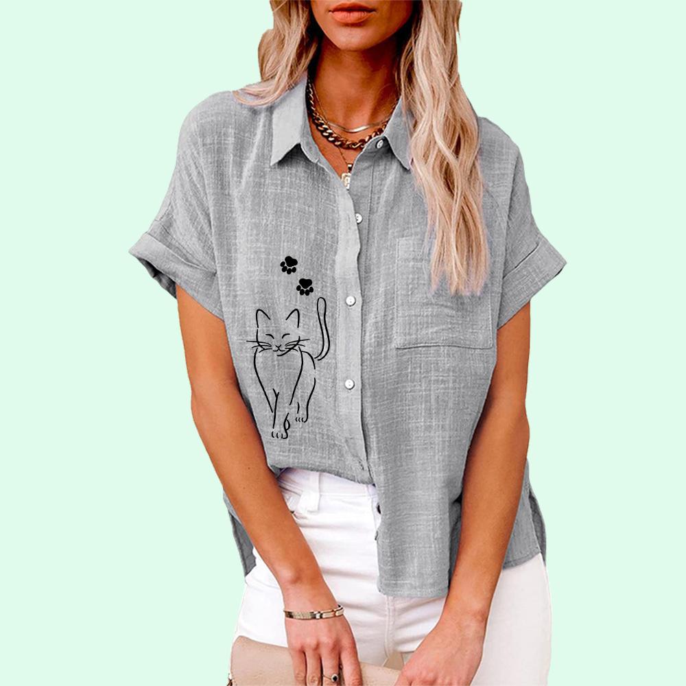 

Большие размеры Женская мода блузки с принтом свободные застегивающиеся на пуговицы рубашки с коротким рукавом женская повседневная льняная футболка женская 5XL серый