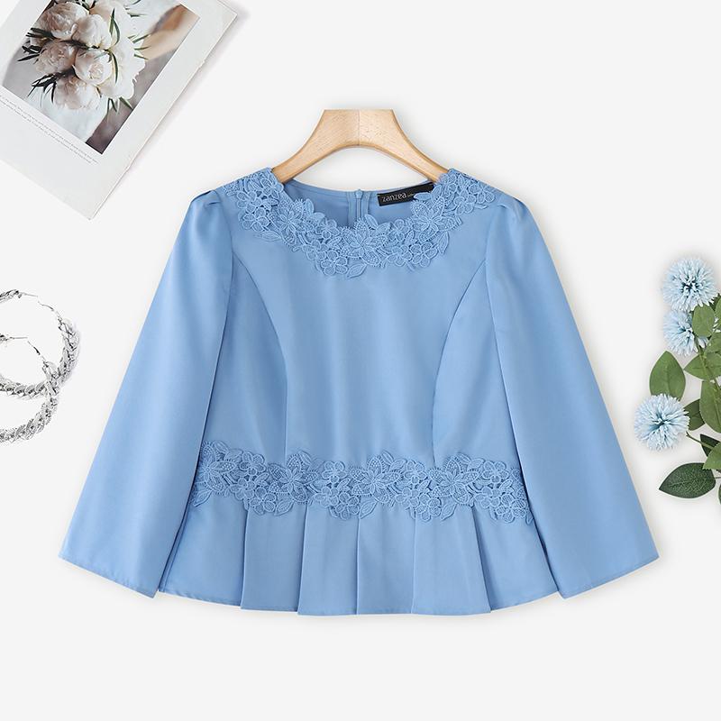 

ZANZEA Женская повседневная блузка с круглым вырезом, летняя, с коротким рукавом, пэчворк крючком 2XL синий