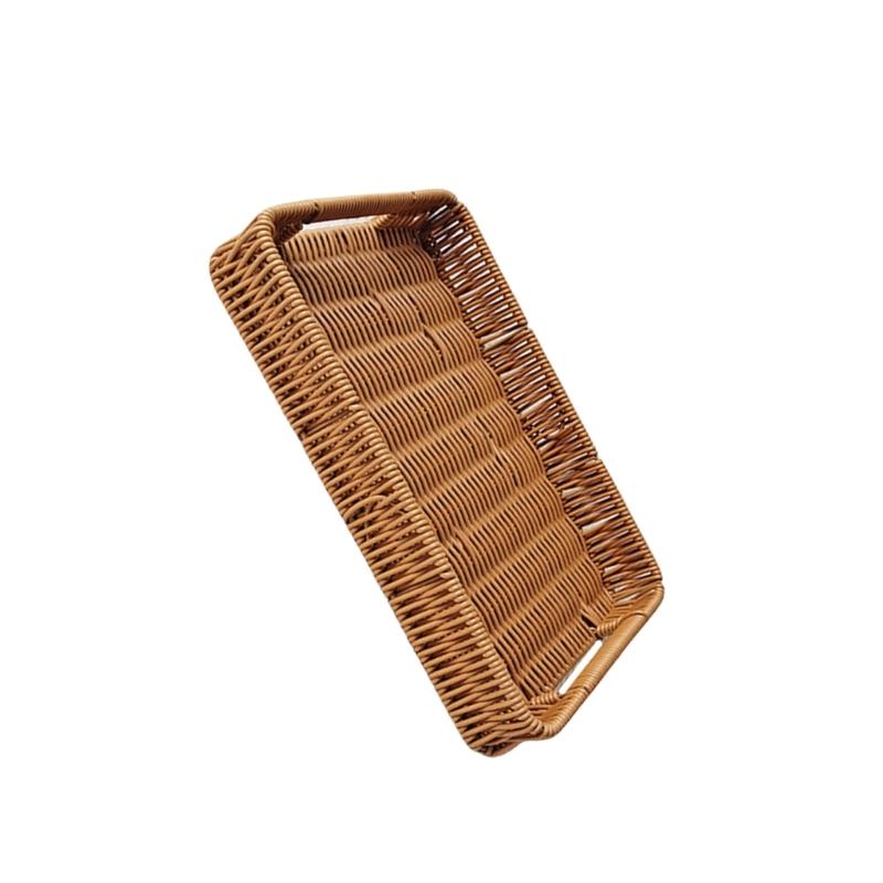 Tavă practică de coș țesut din ratan artificial maro pentru afișarea pâinii și fructelor