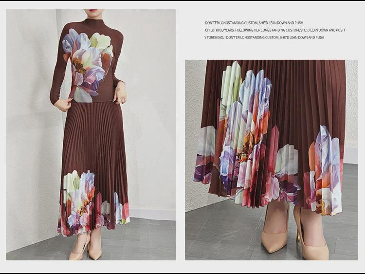 Women's Pleated Floral Two-Piece: Stand Collar Long Sleeve T-Shirt and Skirt