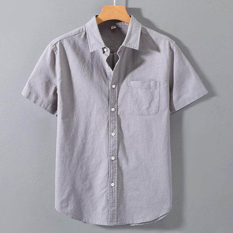 Men's Summer Cotton Linen Short Sleeve Shirt - Solid Color Casual Stand Collar Top