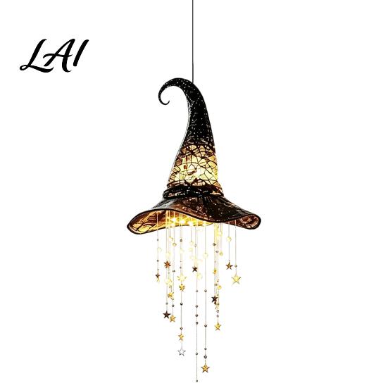 Outdoor Halloween Deko mit Lichtern Beleuchteter Hexenhut Hängende Klingel LED Leuchtender Hohl-Schmuck Gruselige Eingangsbereich-Ornamente Stern-Quasten Hexenhut,