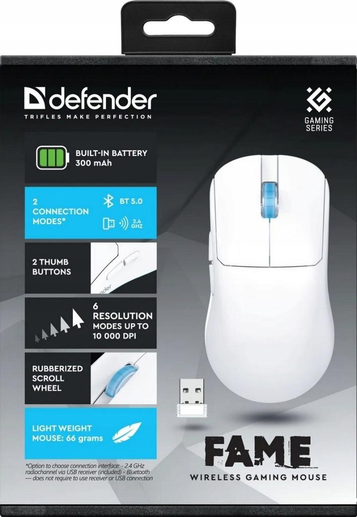 Mysz bezprzewodowa Defender FAME GM-516 optyczna 10000dpi 2.4 GHz + Bluetooth biała AKUMULATOR 5 przycisków Gaming