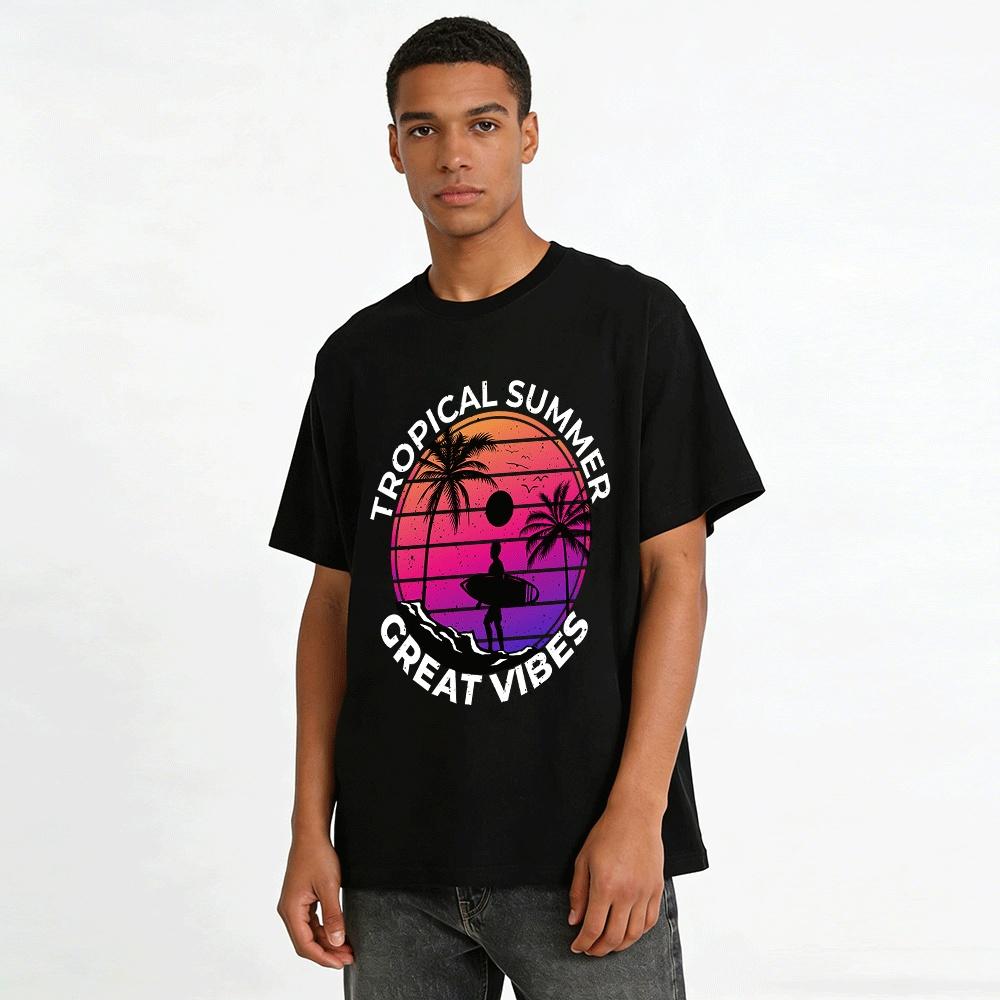 Retro Sunset Surfing Coconut Tree Graphic Casual T-Shirt Pure cotton T-shirt