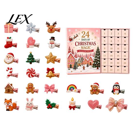 Festive Hair Accessories Collection 24-Day Christmas Clip Advent Calendar, Girls Countdown Box with Decorative Clips for 24 Cute Hairpins, Holiday