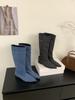2025 new Korean version pointed denim belt buckle boots women's thick heel temperament knight boots