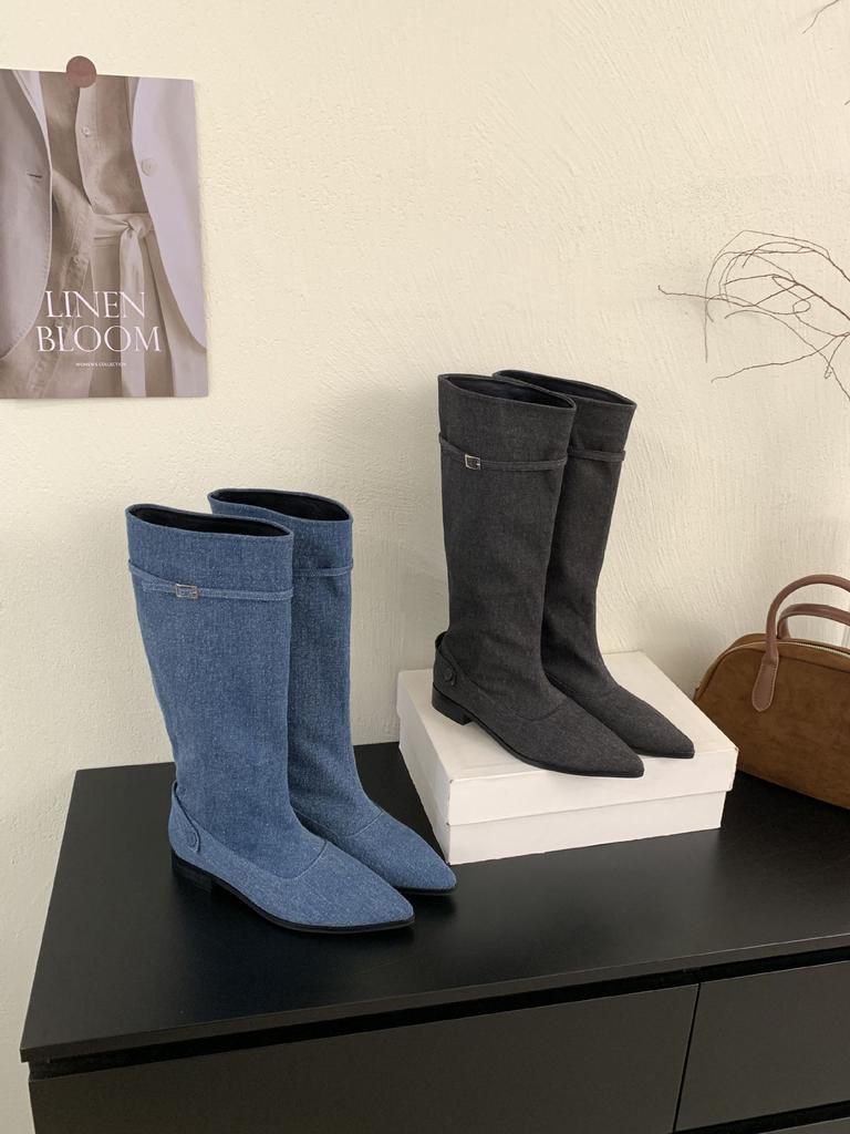 2025 new Korean version pointed denim belt buckle boots women's thick heel temperament knight boots