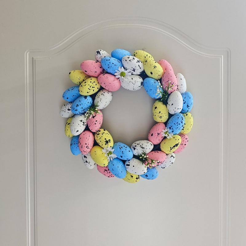 Easter Wreath 33cm Easter Eggs Wreaths for Front Door Colorful Flower Wreath Decoration Happy Easter Celebration Gift