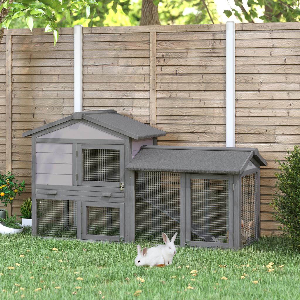 Outdoor Wooden Rabbit Hutch with House, Open Enclosed Space and Roof 147x54x84cm