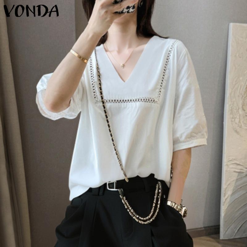 

VONDA Summer Women V Neck Short Sleeve Hollow Out Casual Blouse M белый