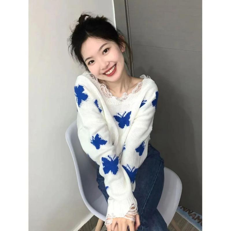 Butterfly Printed Short Sweater Sweet Women's Knitted Pullover Short Top Irregular Tassel Hem Collar Design Wide Truffle Shoulder Thin Sweater
