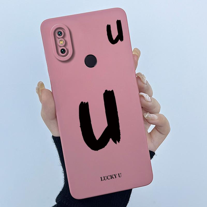Lucky Initial Letter Phone Case For Xiaomi Mi A2 (Mi 6X) Casing Full Protect Camera Lens Shockproof TPU Soft Matte Cover Bumper
