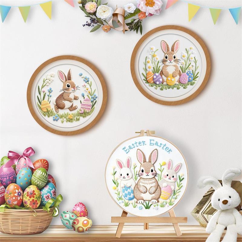 Easter Embroidery Kit for Beginners, DIY Hand Embroidery Set with Bunny Egg Floral Patterns, Including Hoop Thread Needles, Easter Craft Sewing Gift