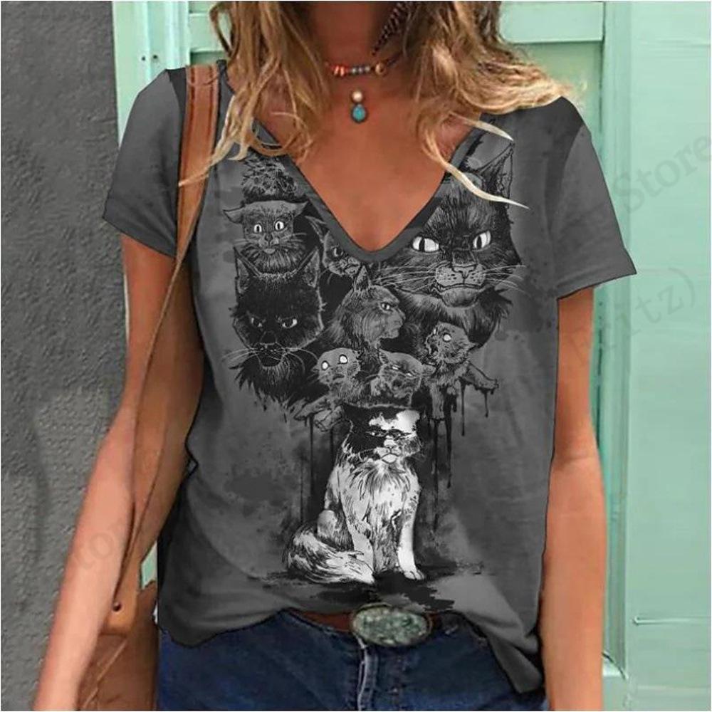 Summer V-neck 3D Cat Pattern Printed Top Fashionable Casual Short Sleeved Women's T-shirts