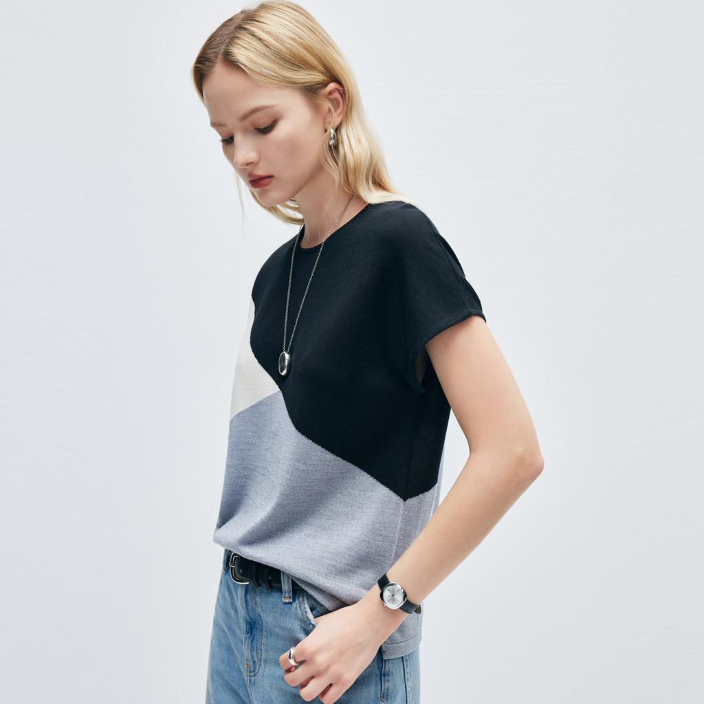 High End Color Blocking: Summer with Mulberry Silk Round Neck Fashionable and Versatile Anti-aging Wool Short Sleeved T-shirt for Women