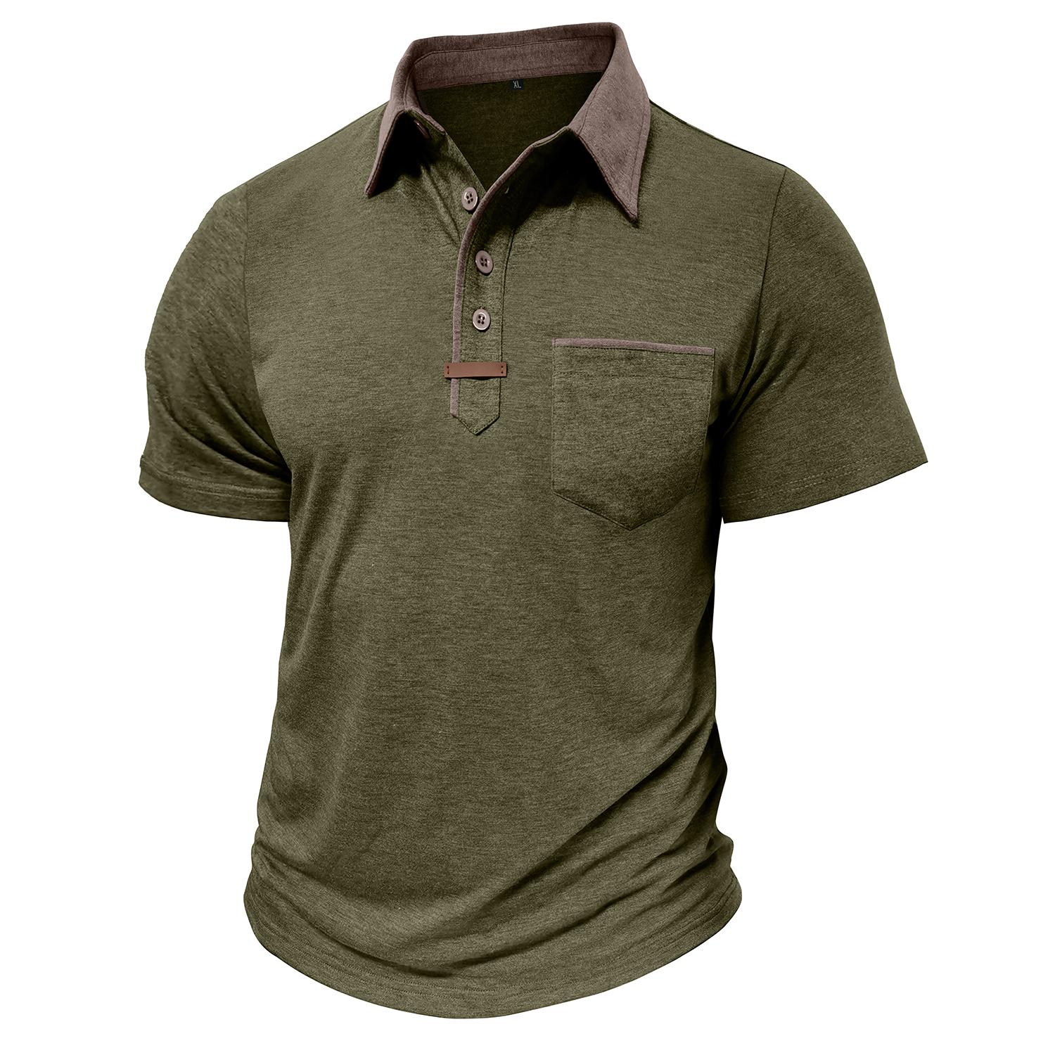 

Men’s Short Sleeves T-shirts Lapel Collar Color Block Polo Shirts Chest Pocket Summer Tops Casual Wear M оливковый