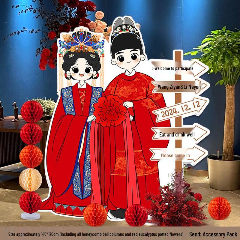 Welcome Sign Wedding Standee: Hand-Painted Cartoon Figure Poster Board for Event Decoration