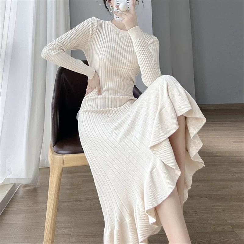 Knitted Mid-length Hip-hugging Dress Women's Inner Bottoming Sweater Skirt Ruffled Slim Slimming French Fishtail Skirt